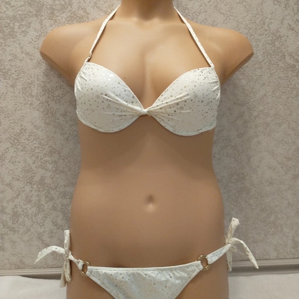 Victoria's Secret Ivory Bikini with Gold Polka Dot Highlights